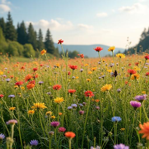 A long view of a fully established wildflower meadow teeming with life.