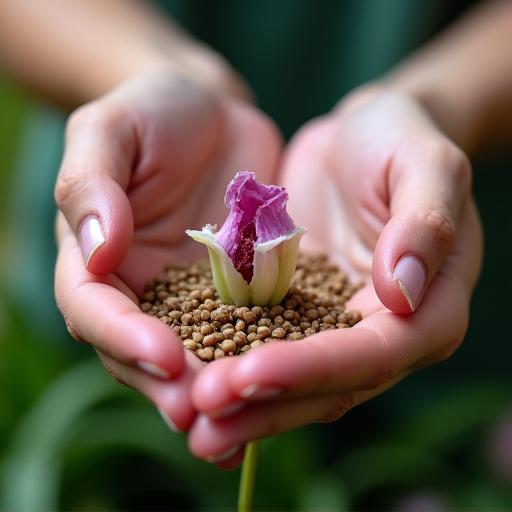 Hands carefully collecting seeds from a wild orchid.
