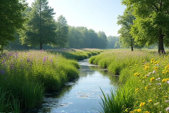Lush wetland meadow thriving with diverse flora by the river.