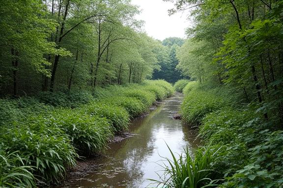 Overgrown riverbank area before wetland restoration.