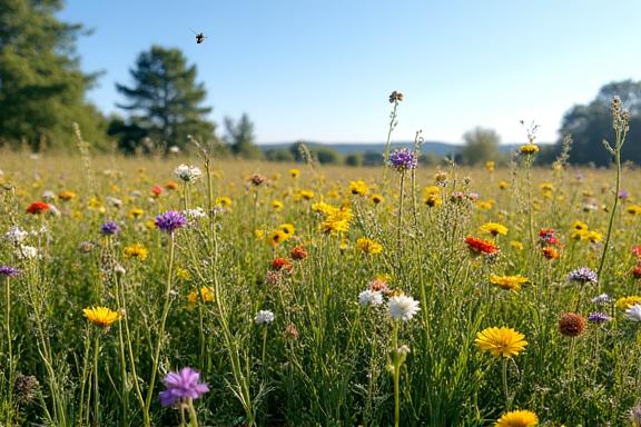 The same field in 2023, now a colourful, diverse wildflower meadow.