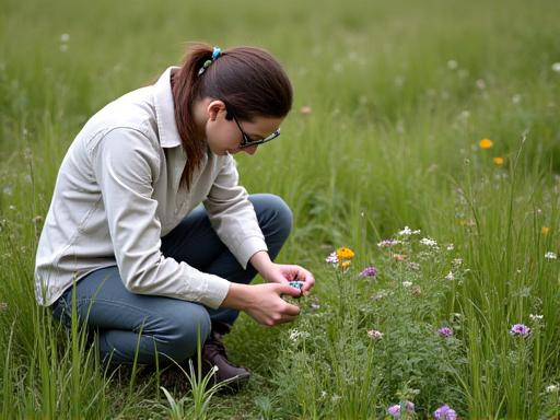 A botanist using a quadrat to survey plant life in a grassland.