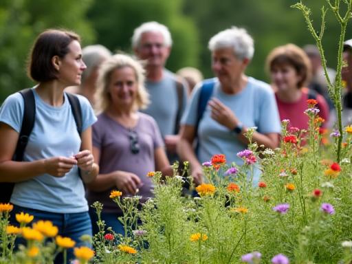 A group of people on a guided nature walk looking at flowers.
