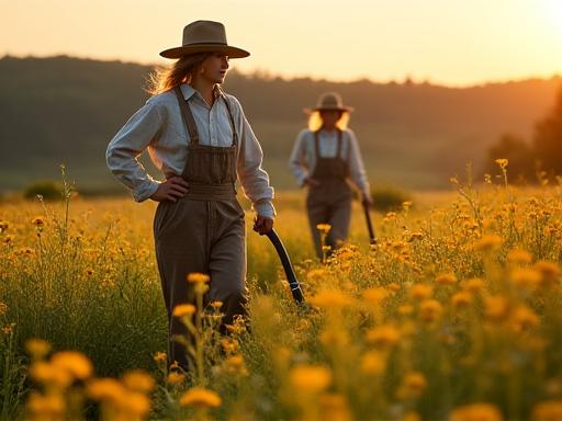 A person using a traditional scythe in a wildflower meadow.