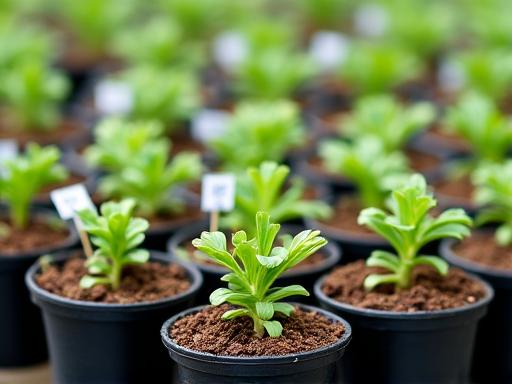 Pots of young native plants ready for sale.