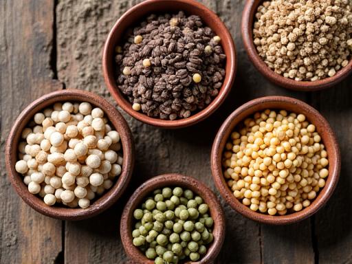 Close-up of various native seeds in wooden bowls.